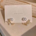 AXJ-161 Butterfly Pearl Korean Earrings - Golden - Image 2