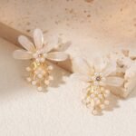 ZJX-162 Flower Pearl Korean Earrings- Golden - Image 3