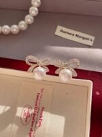 Bow Knot Pearl Earrings with Zircon – Korean Style (PJX-113) - Image 2